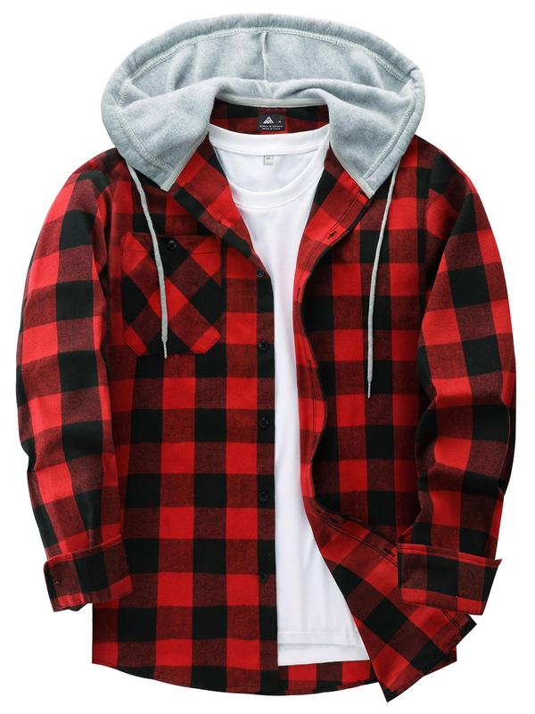 Men's Plaid Print Button Front Drawstring Hooded Shirts, Regular Fit Casual Functional Features Long Sleeve Pocket Comfortable Fabric Hoodie Top for Daily Wear, Classic Design Tops, Men's Clothing for All Seasons