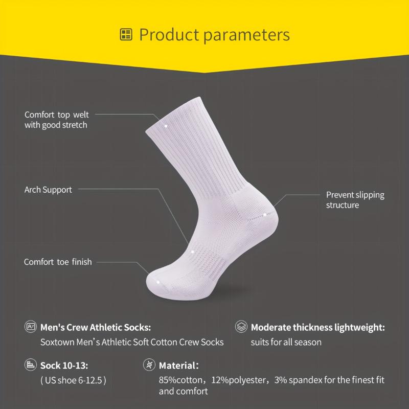 12 Pairs of Premium Men's Solid Cotton Blend Crew Socks - Moisture-Wicking, Anti-Odor, Breathable, and Sweat-Absorbing for All-Season Comfort and Freshness - Ideal for Daily Wear, Outdoor Activities, and Sports Fabric Menswear