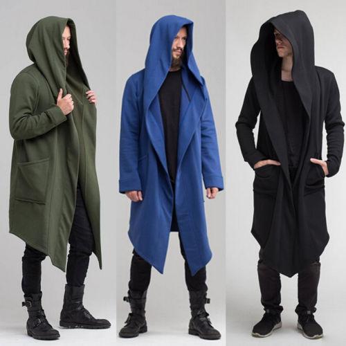 Men Winter Casual Hoodie, Solid Color Cardigan Cloak Coat, Open Front Warm Long Outwear