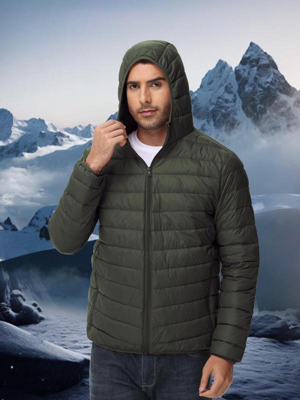 Men's Solid Zip Up Pocket Hooded Down Jacket, Regular Fit Casual Long Sleeve Thermal Outerwear for Fall & Winter, Men's Clothes for Outdoor Activities