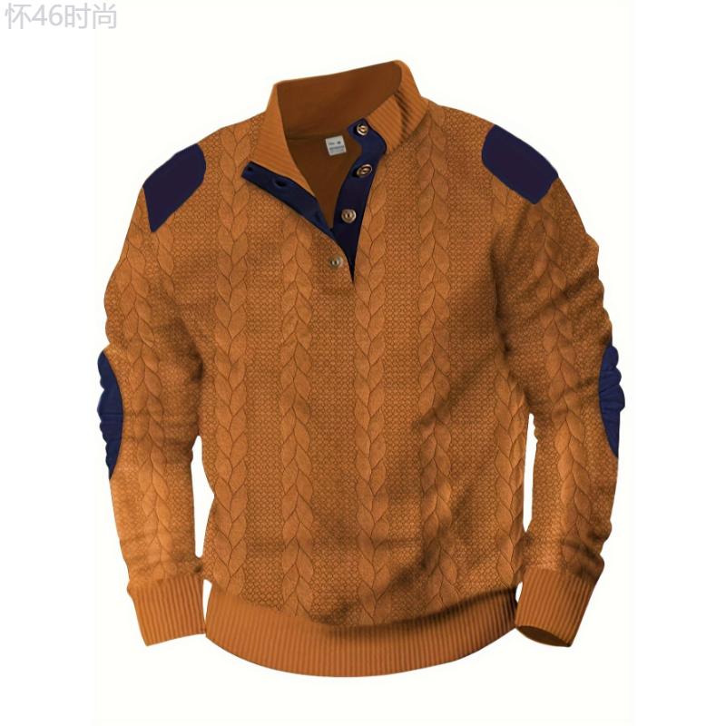 Men's Casual Plaid Knit Sweater with Mandarin Collar and Patched Elbow - Polyester - Long Sleeve Pullover for Spring, Autumn, and Winter Fabric Knitwear Menswear Stretch Tops Longsleeves knit sweater pullover sweater