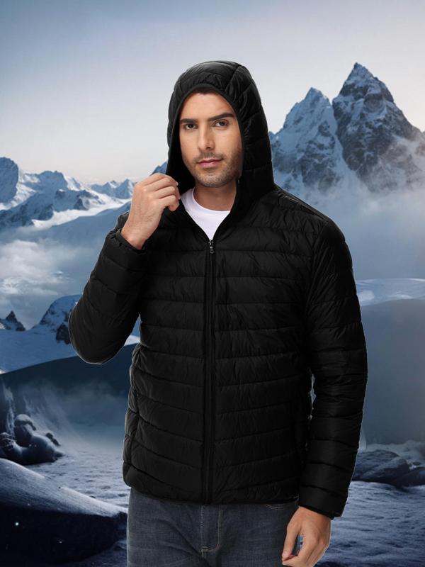 Men's Solid Zip Up Pocket Hooded Down Jacket, Regular Fit Casual Long Sleeve Thermal Outerwear for Fall & Winter, Men's Clothes for Outdoor Activities