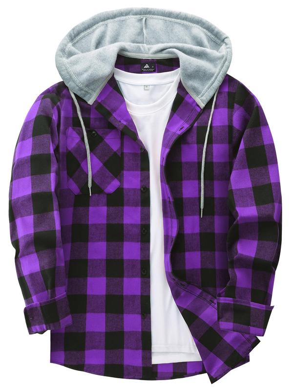 Men's Plaid Print Button Front Drawstring Hooded Shirts, Regular Fit Casual Functional Features Long Sleeve Pocket Comfortable Fabric Hoodie Top for Daily Wear, Classic Design Tops, Men's Clothing for All Seasons