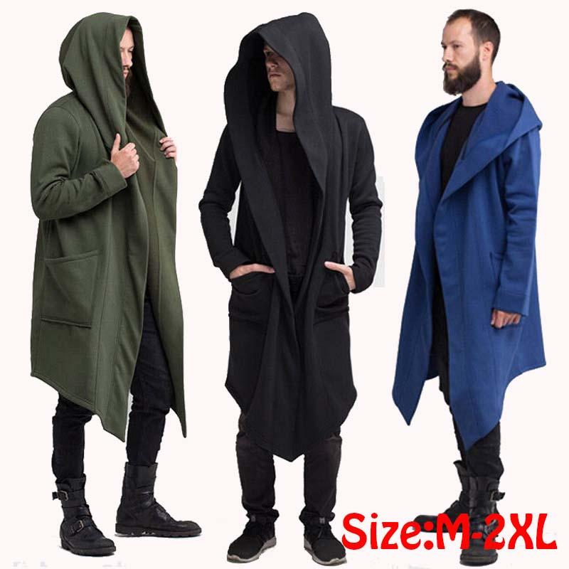 Men Winter Casual Hoodie, Solid Color Cardigan Cloak Coat, Open Front Warm Long Outwear