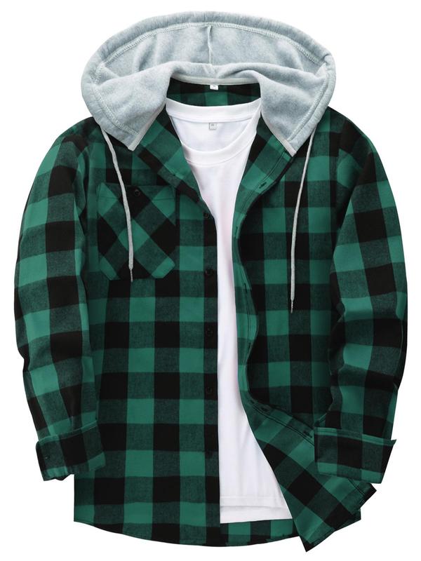 Men's Plaid Print Button Front Drawstring Hooded Shirts, Regular Fit Casual Functional Features Long Sleeve Pocket Comfortable Fabric Hoodie Top for Daily Wear, Classic Design Tops, Men's Clothing for All Seasons