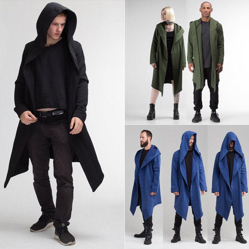 Men Winter Casual Hoodie, Solid Color Cardigan Cloak Coat, Open Front Warm Long Outwear