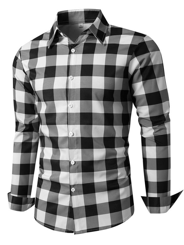 Men's Plaid Print Button Front Shirt, Casual Regular Fit Long Sleeve Collared Top for Fall & Winter, Men's Clothes for Daily Wear