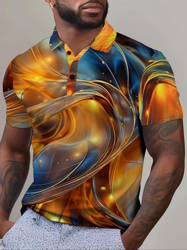 Men's All Over Print Short Sleeve Polo Shirt, Casual Button Front Collared Top for Daily Outdoor Wear, Men Regular Fit Clothes for All Seasons