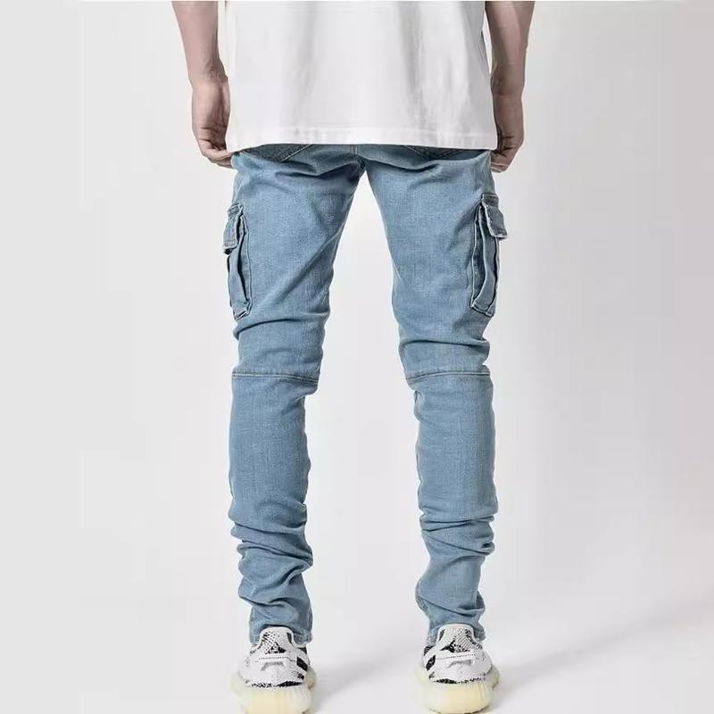 Men's Casual Flap Pocket Skinny Jeans, Chic Street Style Medium Stretch Denim Pants Menswear Underwear Trouser Streetwear