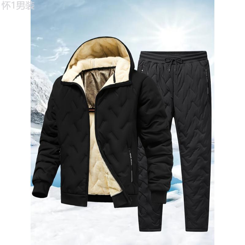 Men's Winter Fleece-Lined Hooded Jacket & Pants Set - Casual, Warm Outdoor Gear with Zipper Pockets Clothing Menswear