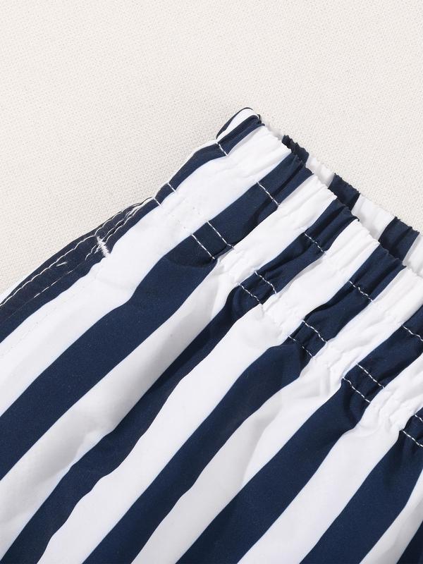 Men's Striped Print Drawstring Waist Shorts, Casual Pocket Straight Leg Shorts, Men's Summer Bottoms for Beach Vacation