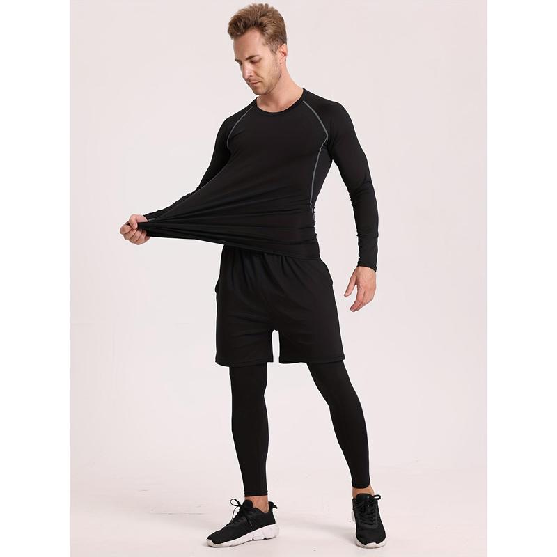 Men's Thermal Underwear Set, Skiing Winter Warm Base Layers, Tight Long Sleeve Round Neck Top & Bottom Pants Set