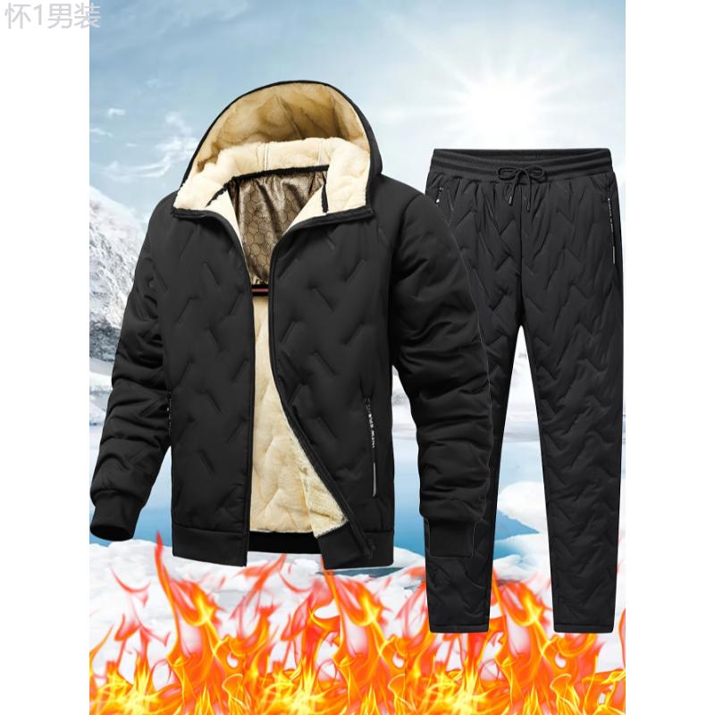 Men's Winter Fleece-Lined Hooded Jacket & Pants Set - Casual, Warm Outdoor Gear with Zipper Pockets Clothing Menswear