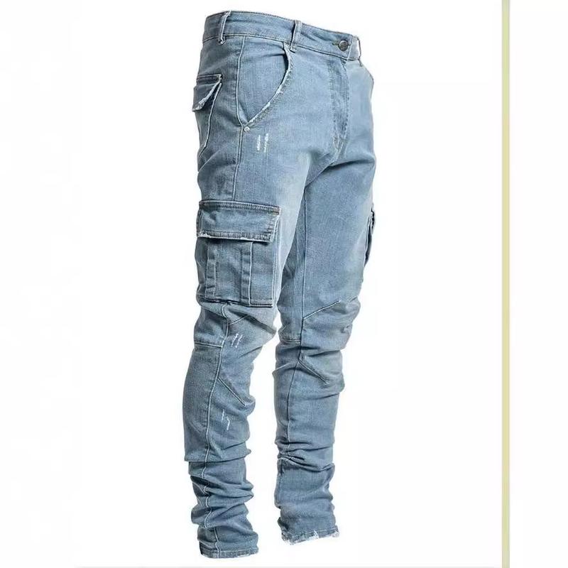 Men's Casual Flap Pocket Skinny Jeans, Chic Street Style Medium Stretch Denim Pants Menswear Underwear Trouser Streetwear