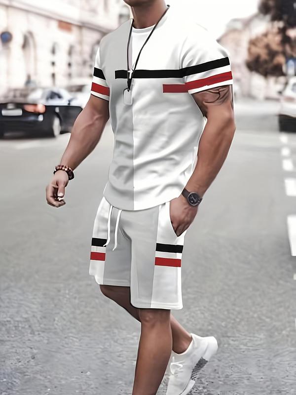 2 Counts Men's Colorblock Print Tee & Drawstring Waist Shorts Set, Regular Fit Casual Short Sleeve T-shirt & Pocket Shorts, Men Summer Outfits for Daily Wear