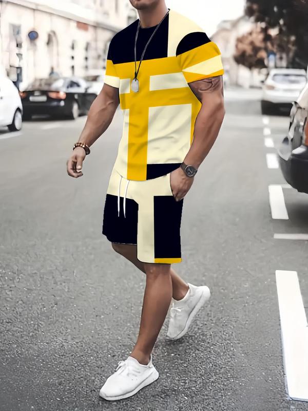 2 Counts Men's Colorblock Print Tee & Drawstring Waist Shorts Set, Regular Fit Casual Short Sleeve T-shirt & Pocket Shorts, Men Summer Outfits for Daily Wear