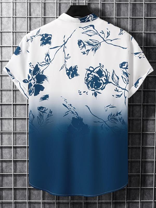 Men's Ombre Floral Print Button Front Shirt, Regular Fit Streetwear Casual Short Sleeve Stand Collar Top, Summer Clothes for Daily Wear