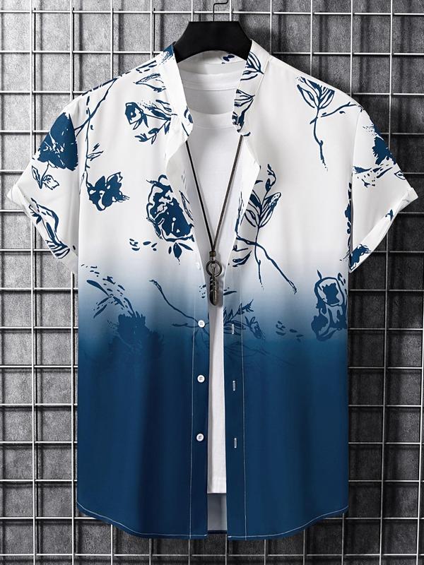 Men's Ombre Floral Print Button Front Shirt, Regular Fit Streetwear Casual Short Sleeve Stand Collar Top, Summer Clothes for Daily Wear