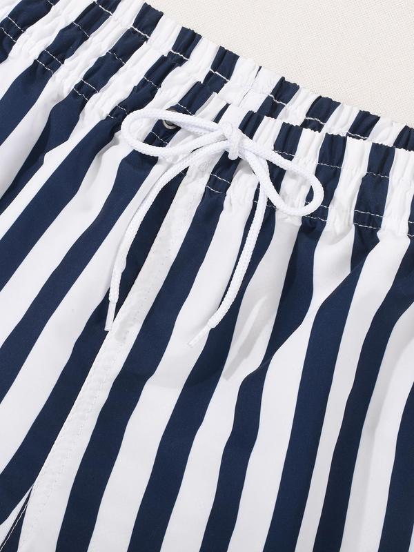 Men's Striped Print Drawstring Waist Shorts, Casual Pocket Straight Leg Shorts, Men's Summer Bottoms for Beach Vacation