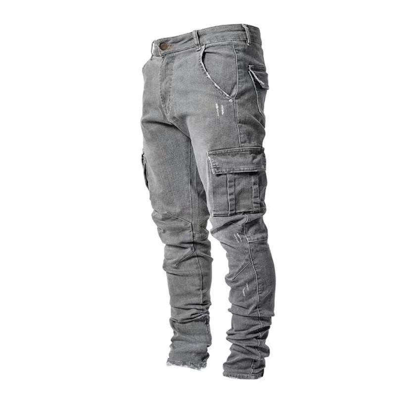 Men's Casual Flap Pocket Skinny Jeans, Chic Street Style Medium Stretch Denim Pants Menswear Underwear Trouser Streetwear