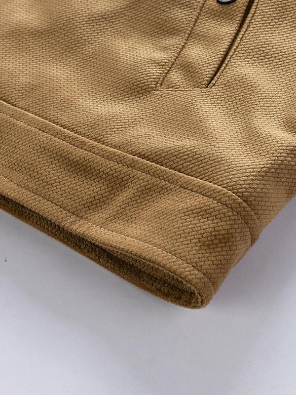 Men's Solid Button Front Pocket Fleece Jacket, Casual Long Sleeve Collared Outerwear for Fall & Winter, Men's Clothes for Daily Wear