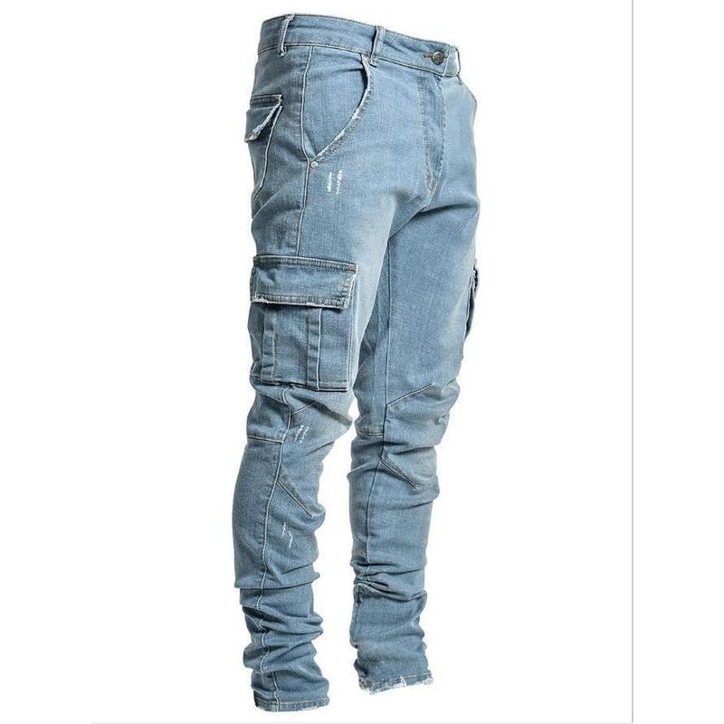 Men's Casual Flap Pocket Skinny Jeans, Chic Street Style Medium Stretch Denim Pants Menswear Underwear Trouser Streetwear