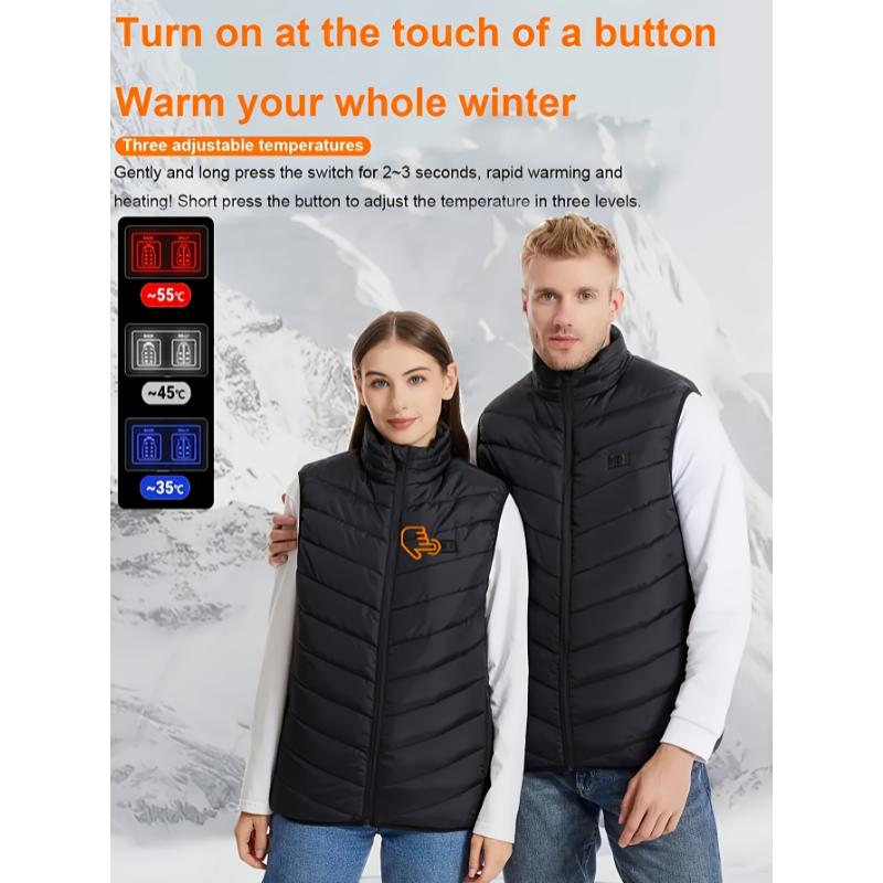 Men's USB Charging Heated Vest with 15 Heating Zones, Smart Temperature Control, Casual Style Polyester Insulated Jacket with Stand Collar, Solid Pattern, Outdoor Winter Warm Gear, Zippered Non-Stretch Woven Fabric - Fall Winter Season