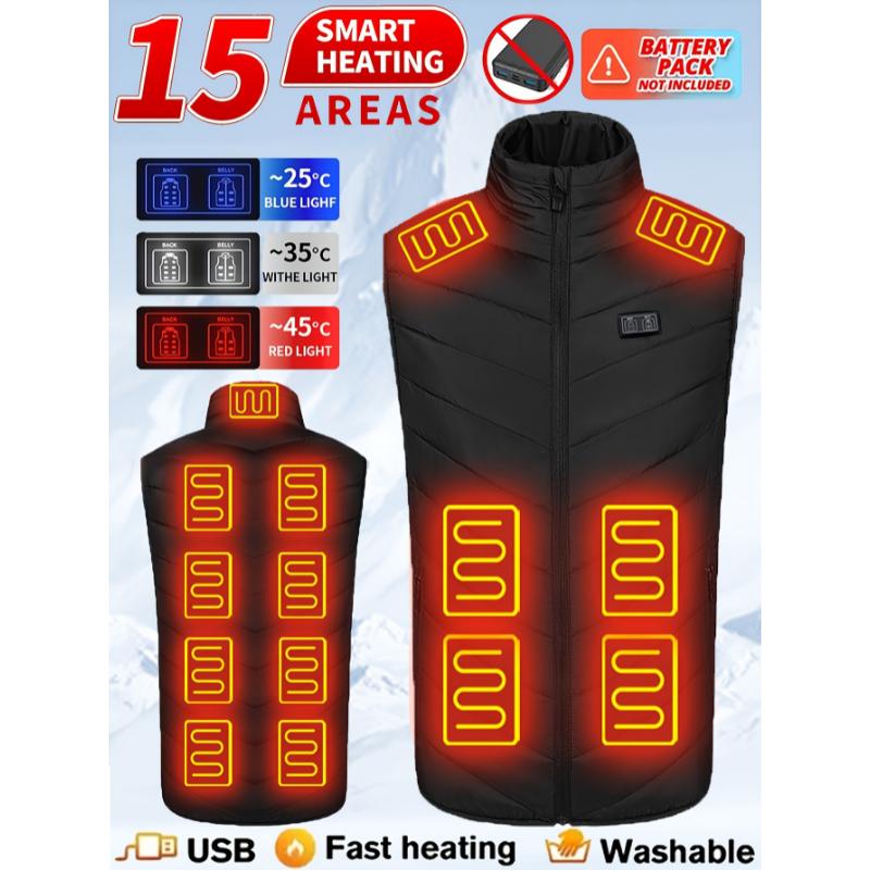 Men's USB Charging Heated Vest with 15 Heating Zones, Smart Temperature Control, Casual Style Polyester Insulated Jacket with Stand Collar, Solid Pattern, Outdoor Winter Warm Gear, Zippered Non-Stretch Woven Fabric - Fall Winter Season