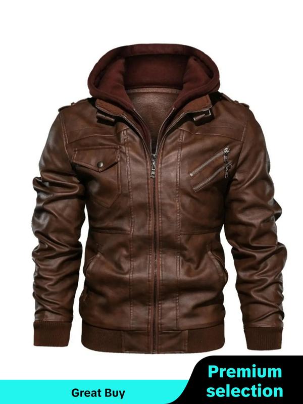 Men's Plain Flap Pocket Hooded Motorcycle Jacket, Streetwear, Stylish Zipper Longsleeves Bomber Coat for Fall Winter, Men's Outfits for Daily Wear, Menswear, Men's Clothing, Winter Outfits 2024 Winter Jacket