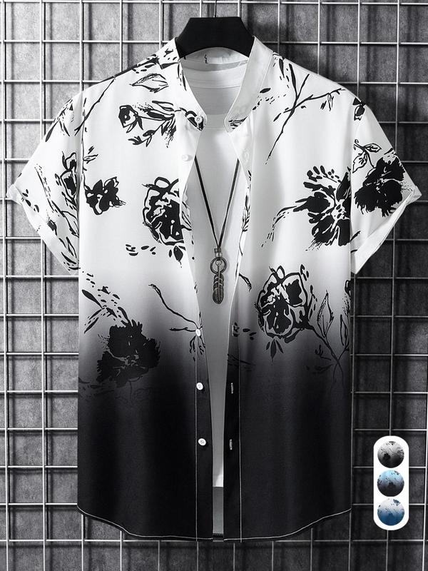 Men's Ombre Floral Print Button Front Shirt, Regular Fit Streetwear Casual Short Sleeve Stand Collar Top, Summer Clothes for Daily Wear