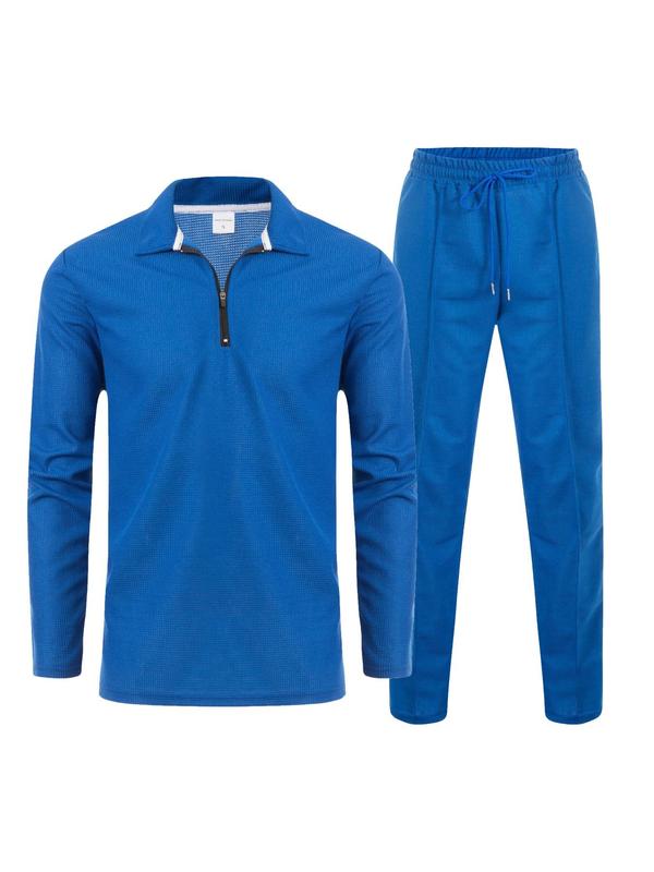 Men's Solid Half Zipper Collared Polo Shirt & Drawstring Pants Set, Casual Regular Fit Textured Long Sleeve Top & Trousers for Spring & Fall, Outfit Sets for Men, Men's Two-piece Outfits, Athletic Clothes, Fall Outfits, Fallfreshness