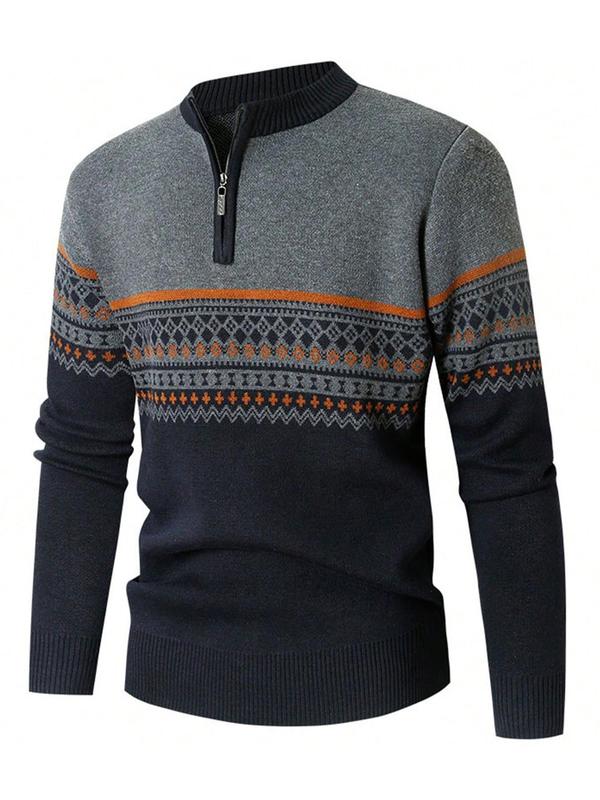 Men's Ethnic Pattern & Patchwork Print Half Zip Sweater, Regular Fit Casual Long Sleeve Round Neck Jumper for Fall & Winter, Fashion Men's Knitwear for Daily Wear