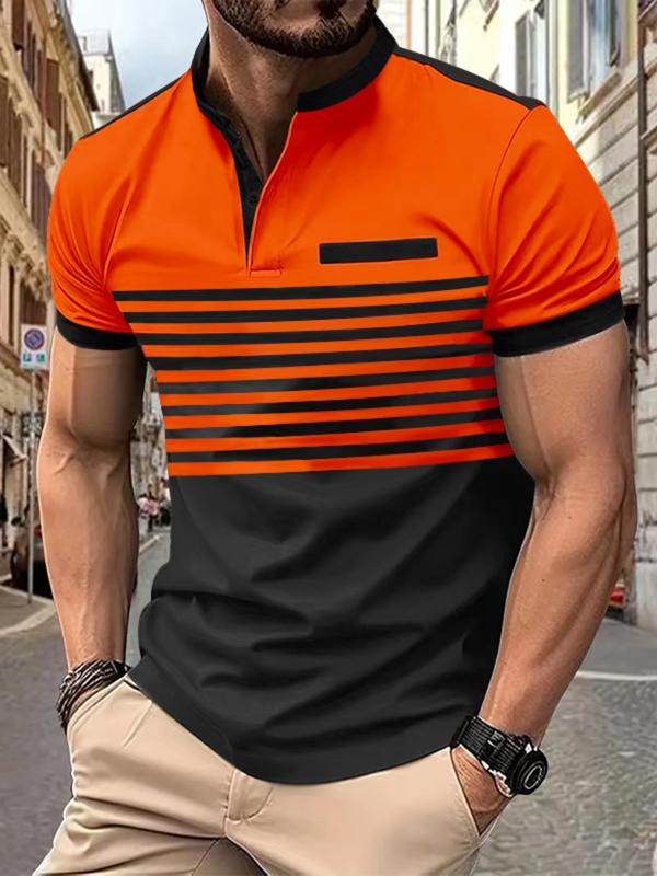 Men's Colorblock Striped Print Polo Shirt, Regular Fit Casual Business Short Sleeve Button Front Top for Summer, Fashion Men's Clothes for Daily Wear