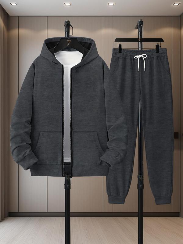 Men's Solid Zip Up Hoodie & Drawstring Waist Sweatpants Two-Piece Set, Casual Regular Fit Long Sleeve Hooded Sweatshirt & Jogger Pants for Daily Wear, Men's Two-piece Outfits for All Seasons