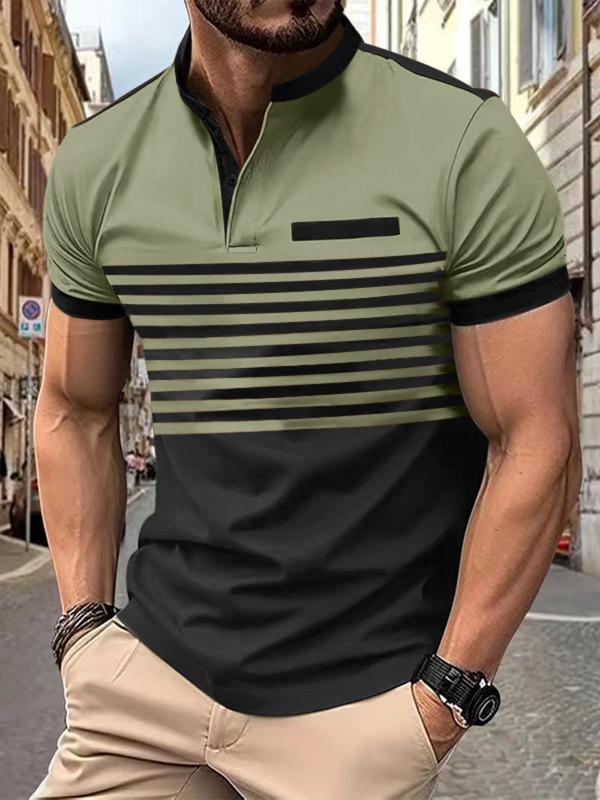 Men's Colorblock Striped Print Polo Shirt, Regular Fit Casual Business Short Sleeve Button Front Top for Summer, Fashion Men's Clothes for Daily Wear