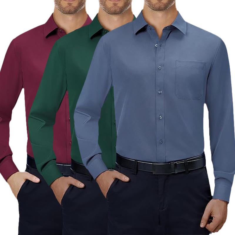 3-Pack Mens  4-way Streth Long Sleeve Collared Solid Wedding Dating Button Down Dress Shirts