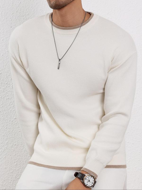 Men's Contrast Binding Drop Shoulder Sweater, Regular Fit Casual Long Sleeve Round Neck Jumper for Fall & Winter, Fashion Men's Knitwear for Daily Wear