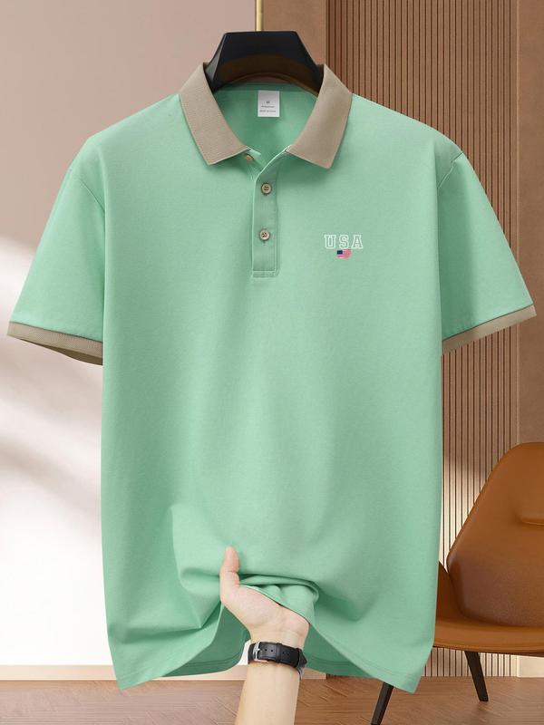 Men's Regular Fit Contrast Binding Short Sleeve Polo Shirt, 2024 New Style Casual Half Placket Button Top for Summer, Fashion Men's Clothes for Daily Wear