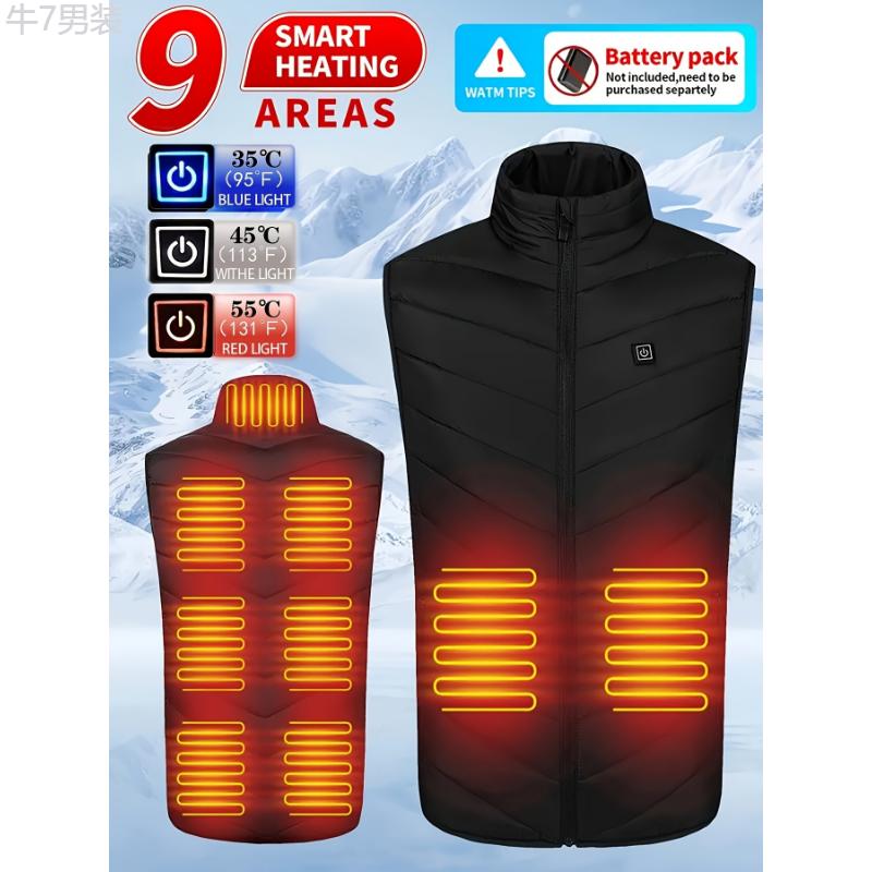 Thermal Heated Vest for Men - 9 Zone Smart Heating, Adjustable Temperature Control, USB Powered, Ideal for Autumn and Winter Outdoor Activities - Battery Pack Sold Separately Menswear Collar Menswear Collar Day Polyester