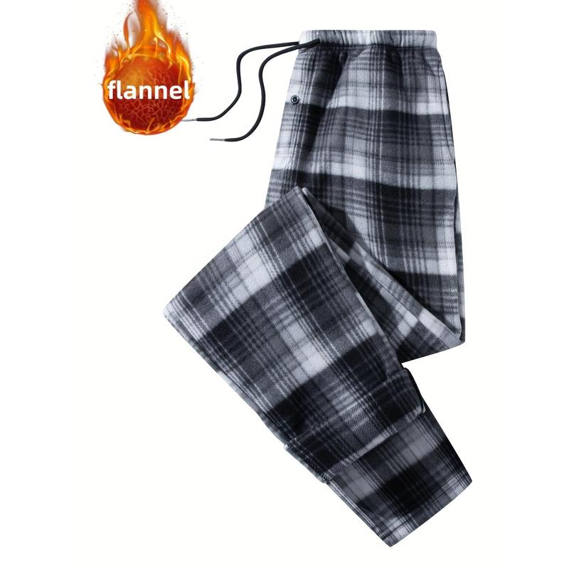 New-2pcs Plaid Pattern Men's Flannel Warm Long Drawstring Trousers With Pockets, Winter Fall Outdoor Casual Fabric