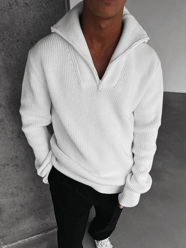 Men's Solid Zip Up Half Placket Stand Collar Sweater, Loose Casual Comfy Long Sleeve Jumper for Fall & Winter, Men's Knitwear for Daily Wear