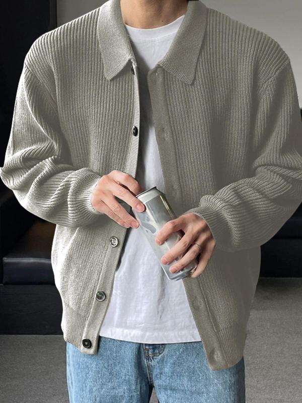 Men's Solid Button Front Cardigan, Loose Casual Long Sleeve Collar Knitwear for Daily Wear, Cardigan Sweater, Men's Knit Clothing for Fall, Starboy Outfit