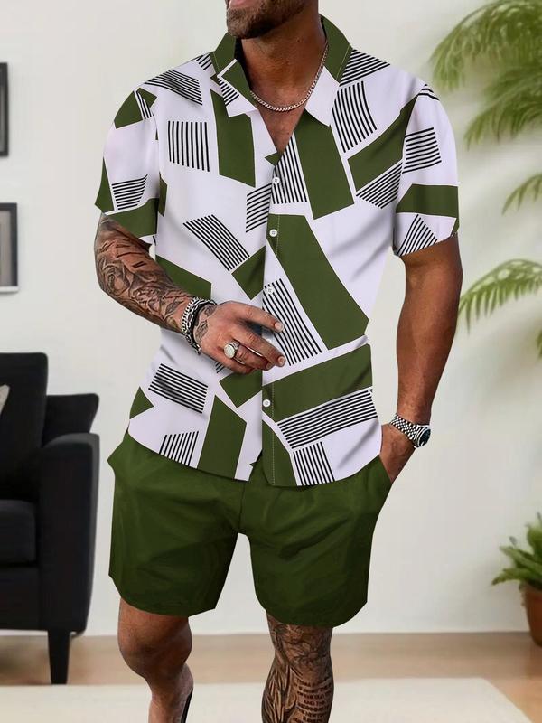 2 Pieces Men's All Over Geometric Print Button Front Shirt & Drawstring Waist Shorts Set, Summer Outfits 2024, Regular Fit Drop Shoulder Shortsleeve Top & Elastic Waist Shorts, Back-to-School Clothing, Men's Clothing