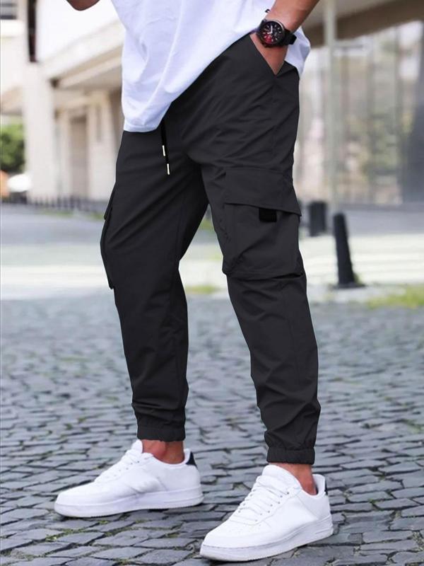 Men's Solid Drawstring Waist Cargo Pants, Regular Fit Casual Pocket Trousers for Spring & Fall, Fashion Men's Bottoms for Daily Wear