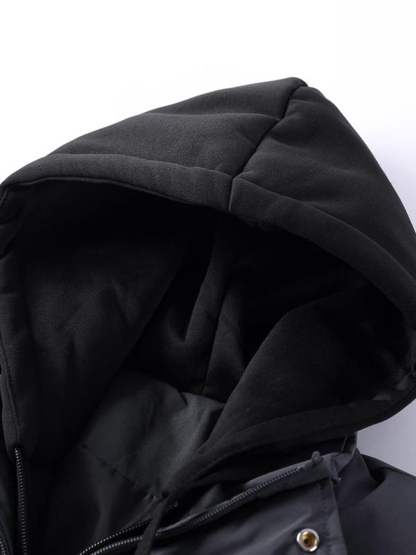 Men's Patchwork Letter Patched Drawstring Hooded Puffer Jacket, Regular Fit Casual Pocket Long Sleeve Zip Up Outerwear for Winter, Men's Clothes for Daily Wear