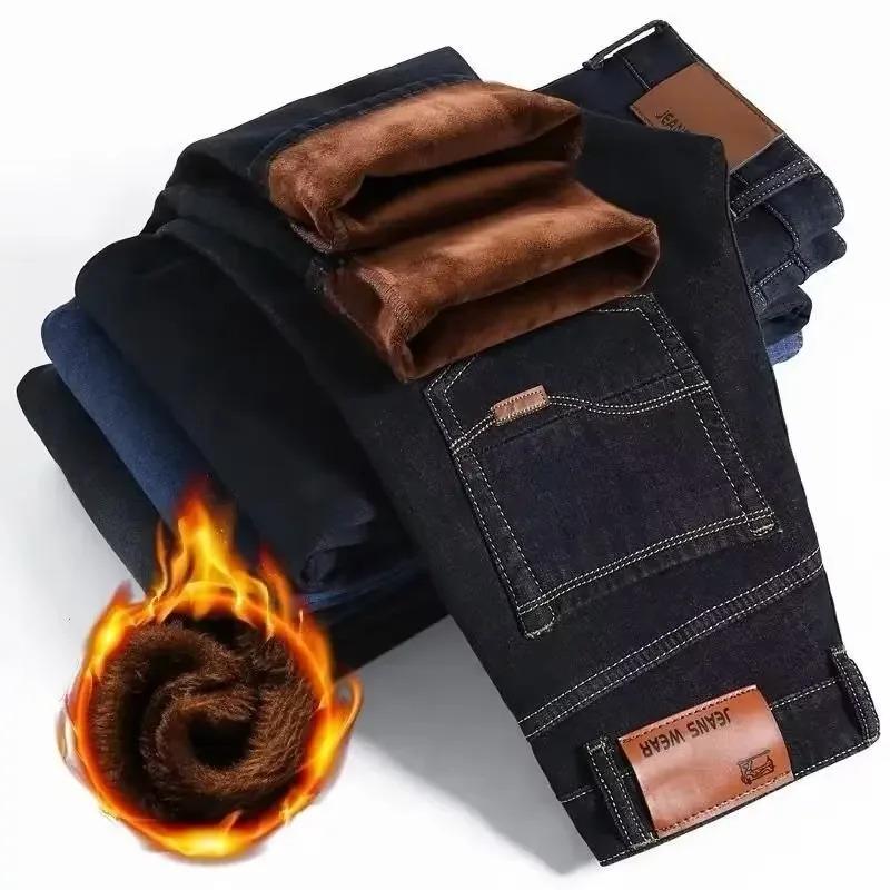 In-Stock Men's Jeans Fleece-Lined And Thickened Winter Warm Loose-Fit Straight-Leg Casual Pants New Style Middle-Aged Long Pants