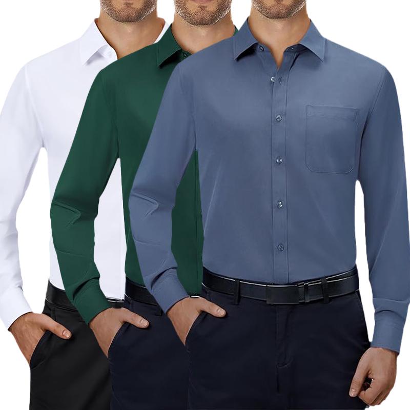 3-Pack Mens  4-way Streth Long Sleeve Collared Solid Wedding Dating Button Down Dress Shirts