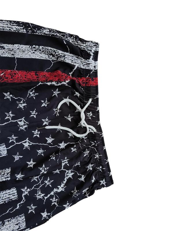 Men's Loose Flag Print Drawstring Waist 4th of July Shorts, Casual Pocket Elastic Waist Shorts for Summer, Back-to-School Clothing, Mens Bottoms for Daily Wear