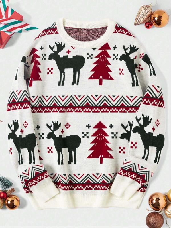 Men's Christmas Tree & Reindeer Print Round Neck Sweater, Loose Casual Long Sleeve Crew Neck Jumper for Fall & Winter, Fashion Men's Knitwear for Daily Wear