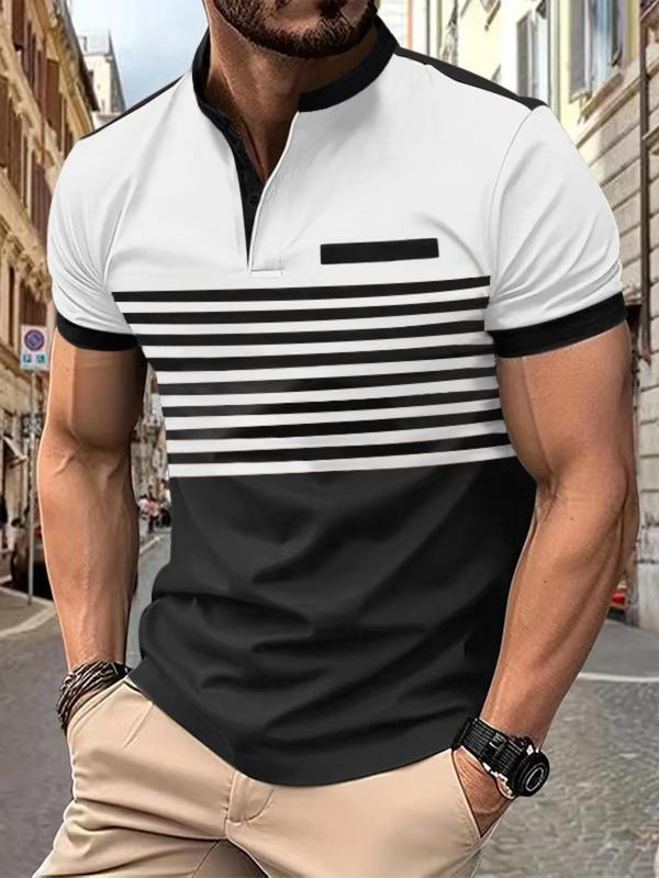 Men's Colorblock Striped Print Polo Shirt, Regular Fit Casual Business Short Sleeve Button Front Top for Summer, Fashion Men's Clothes for Daily Wear